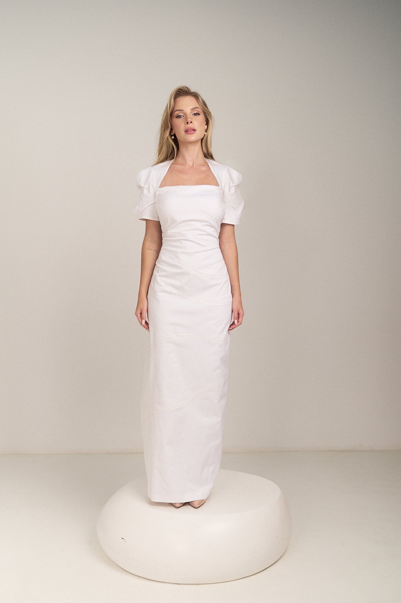 Front detail of the Curved Seam Puff Sleeve Maxi Dress by Hazar Azhari 