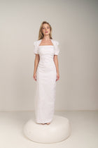 Front detail of the Curved Seam Puff Sleeve Maxi Dress by Hazar Azhari 