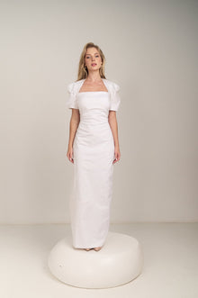 Front detail of the Curved Seam Puff Sleeve Maxi Dress by Hazar Azhari 