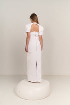 Back detail of the Curved Seam Puff Sleeve Maxi Dress by Hazar Azhari 