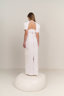 Back detail of the Curved Seam Puff Sleeve Maxi Dress by Hazar Azhari 