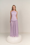 Front detail of the Ruffle Halter Polka Dot Maxi Dress by Hazar Azhari 
