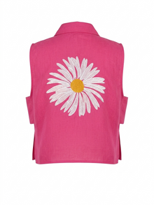 Daisy Embroidered Linen Shirt in Fuscia by Ashia — sleeveless linen shirt, UAE independent designer, Pose