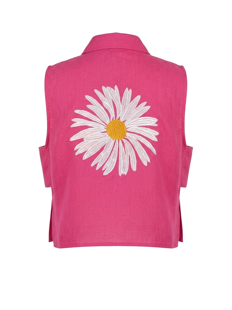 Daisy Embroidered Linen Shirt in Fuscia by Ashia — sleeveless linen shirt, UAE independent designer, Pose