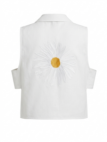 Daisy Embroidered Linen Shirt in White by Ashia — sleeveless linen shirt, UAE independent designer, Pose