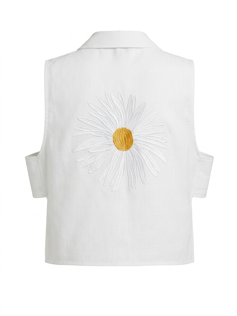 Daisy Embroidered Linen Shirt in White by Ashia — sleeveless linen shirt, UAE independent designer, Pose