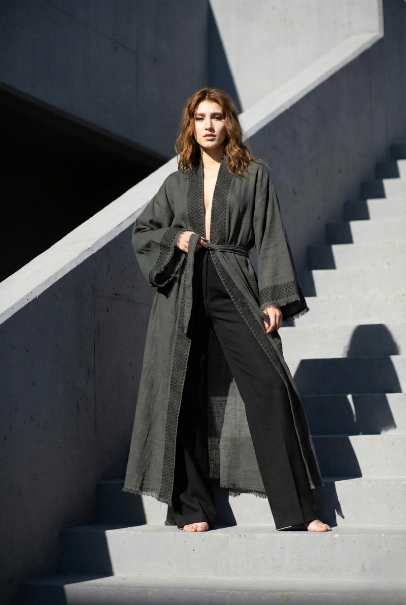 Model wearing the Astra Kimono by Zerla Studio