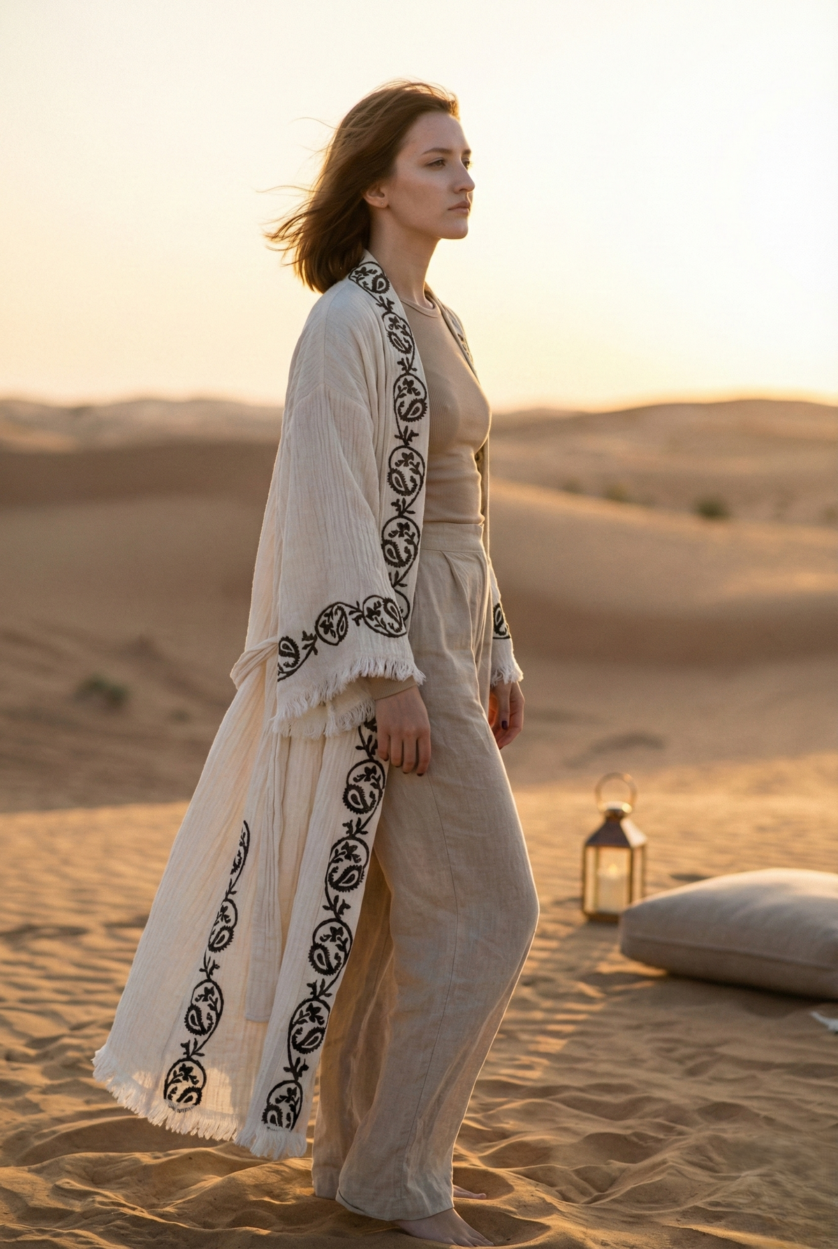 Side profile of woman in the desert wearing the Florentia Kimono
