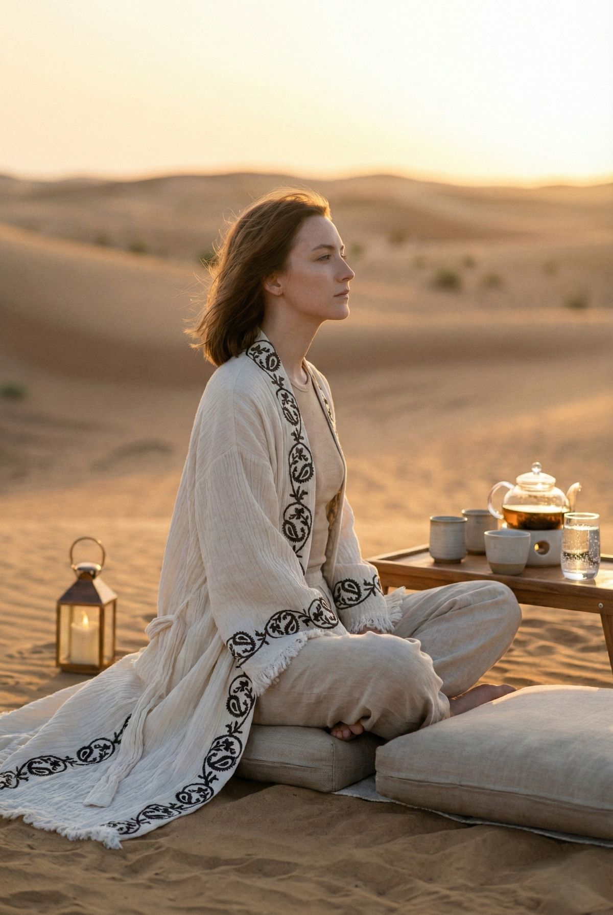 Woman sitting down wearing the Florentia Kimono by Zerla Studio