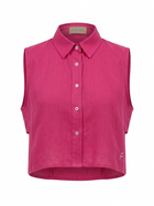 Daisy Embroidered Linen Shirt in fuscia by Ashia — front view, sleeveless linen shirt, UAE independent designer, Pose