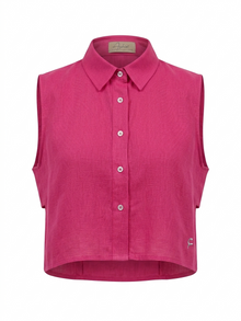 Daisy Embroidered Linen Shirt in fuscia by Ashia — front view, sleeveless linen shirt, UAE independent designer, Pose