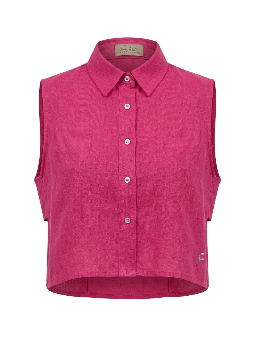 Daisy Embroidered Linen Shirt in fuscia by Ashia — front view, sleeveless linen shirt, UAE independent designer, Pose