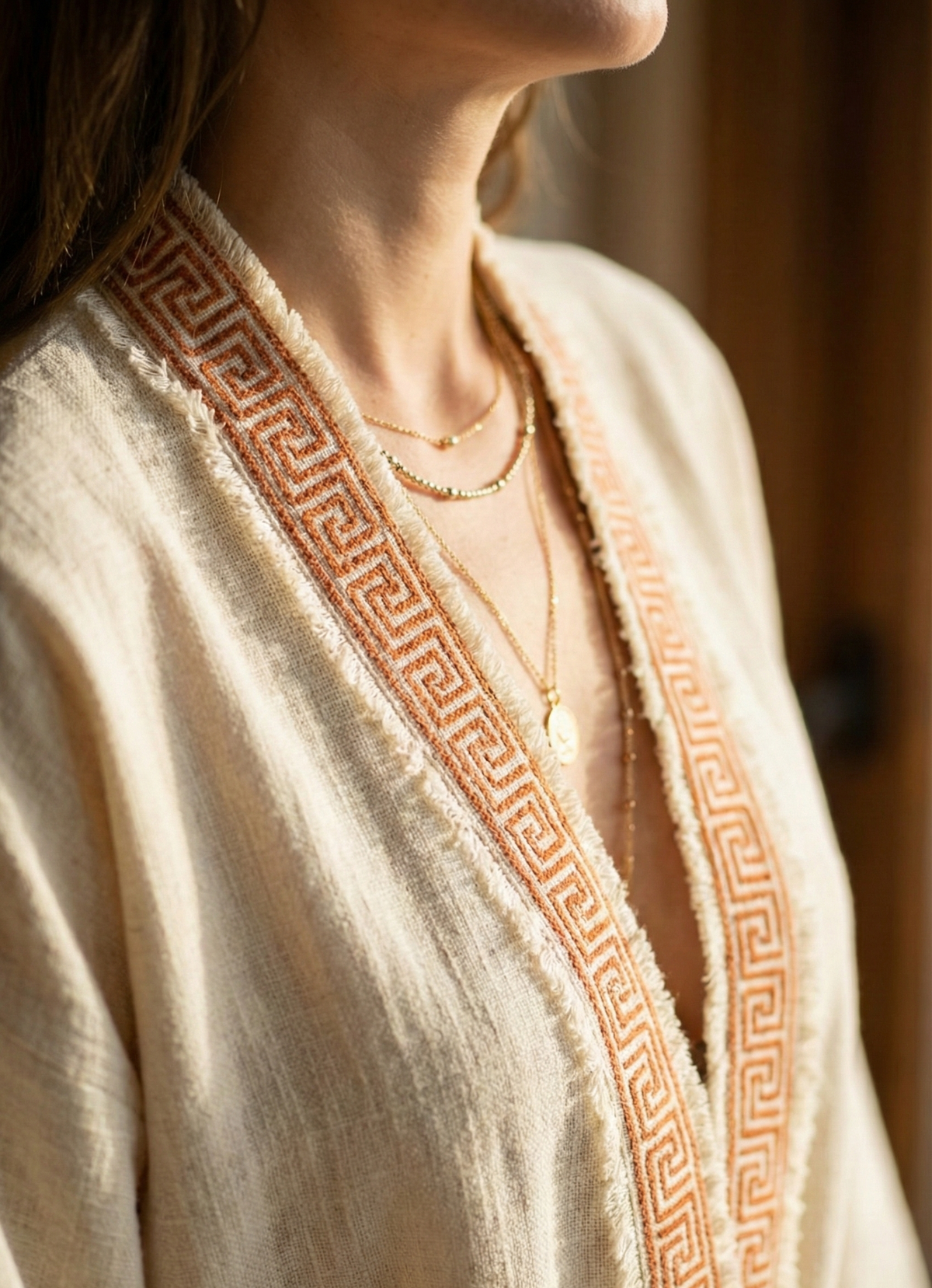 Close-up detail shot of the geometric motifs of the Itza Kimono