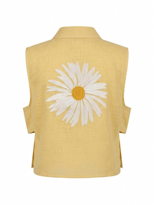 Daisy Embroidered Linen Shirt in yellow by Ashia — sleeveless linen shirt, UAE independent designer, Pose