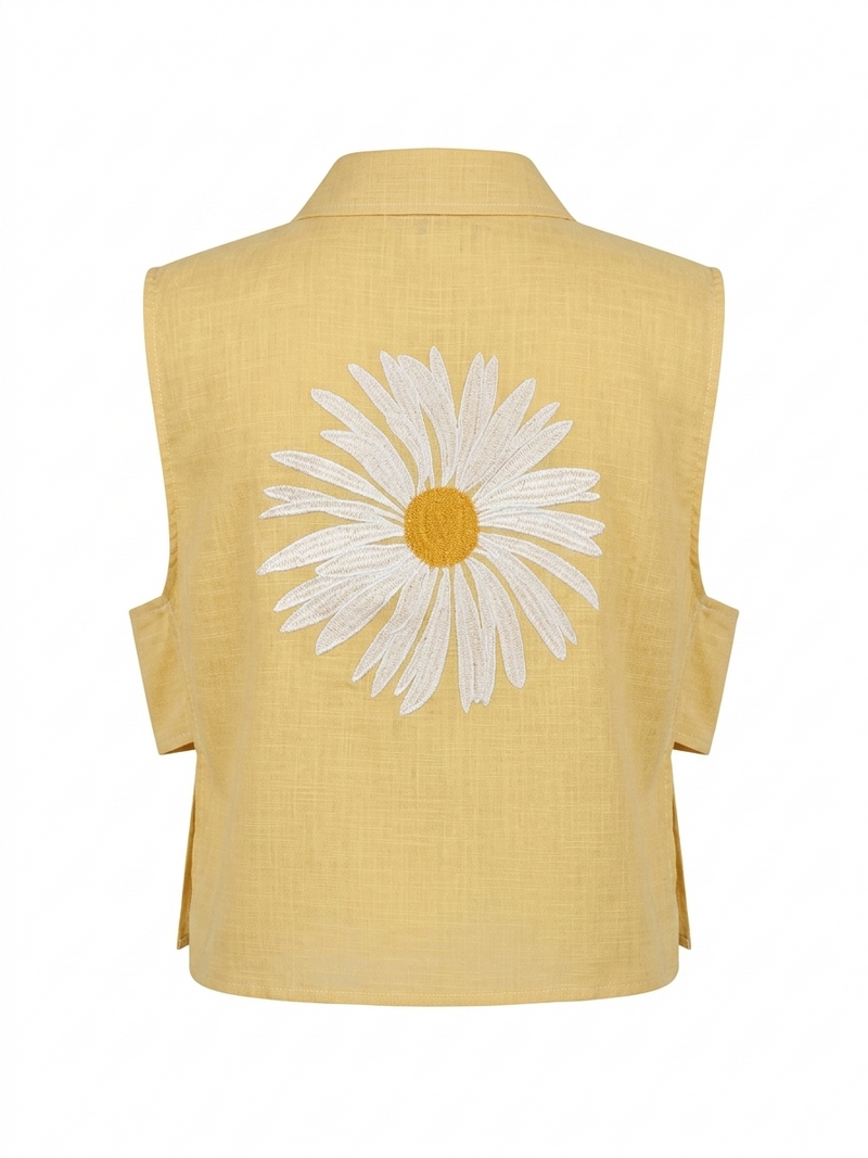 Daisy Embroidered Linen Shirt in yellow by Ashia — sleeveless linen shirt, UAE independent designer, Pose