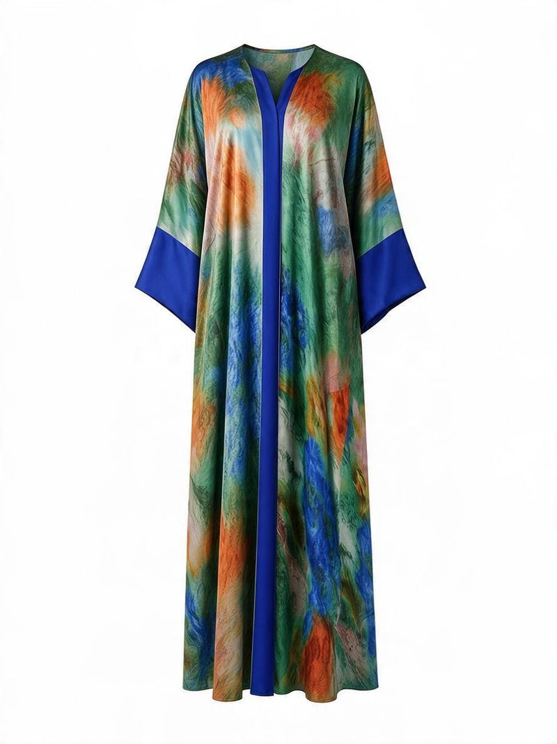 Ghost mannequin view of the Emerald Green and Cobalt Blue Reversible Abaya by Veluna Atelier