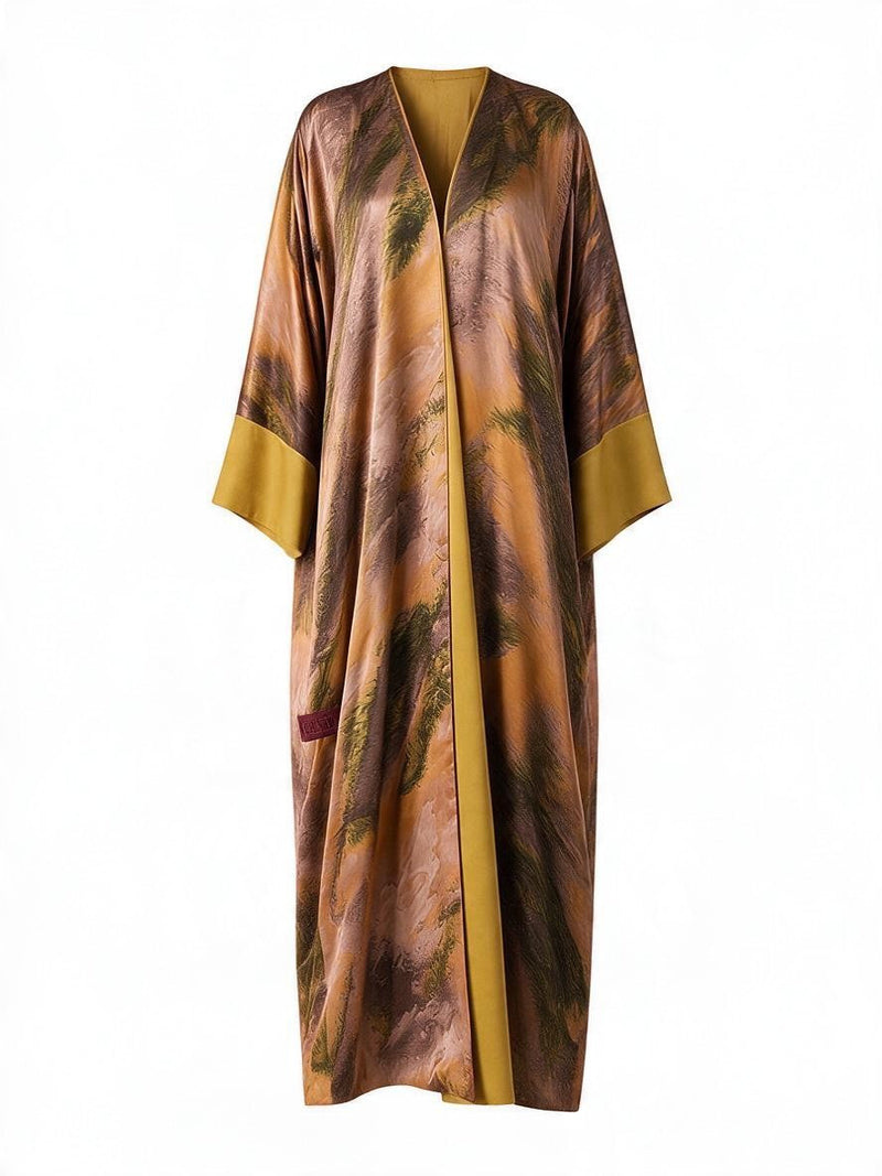 Ghost mannequin view of the Olive Gold and Bronze Reversible Abaya by Veluna Atelier