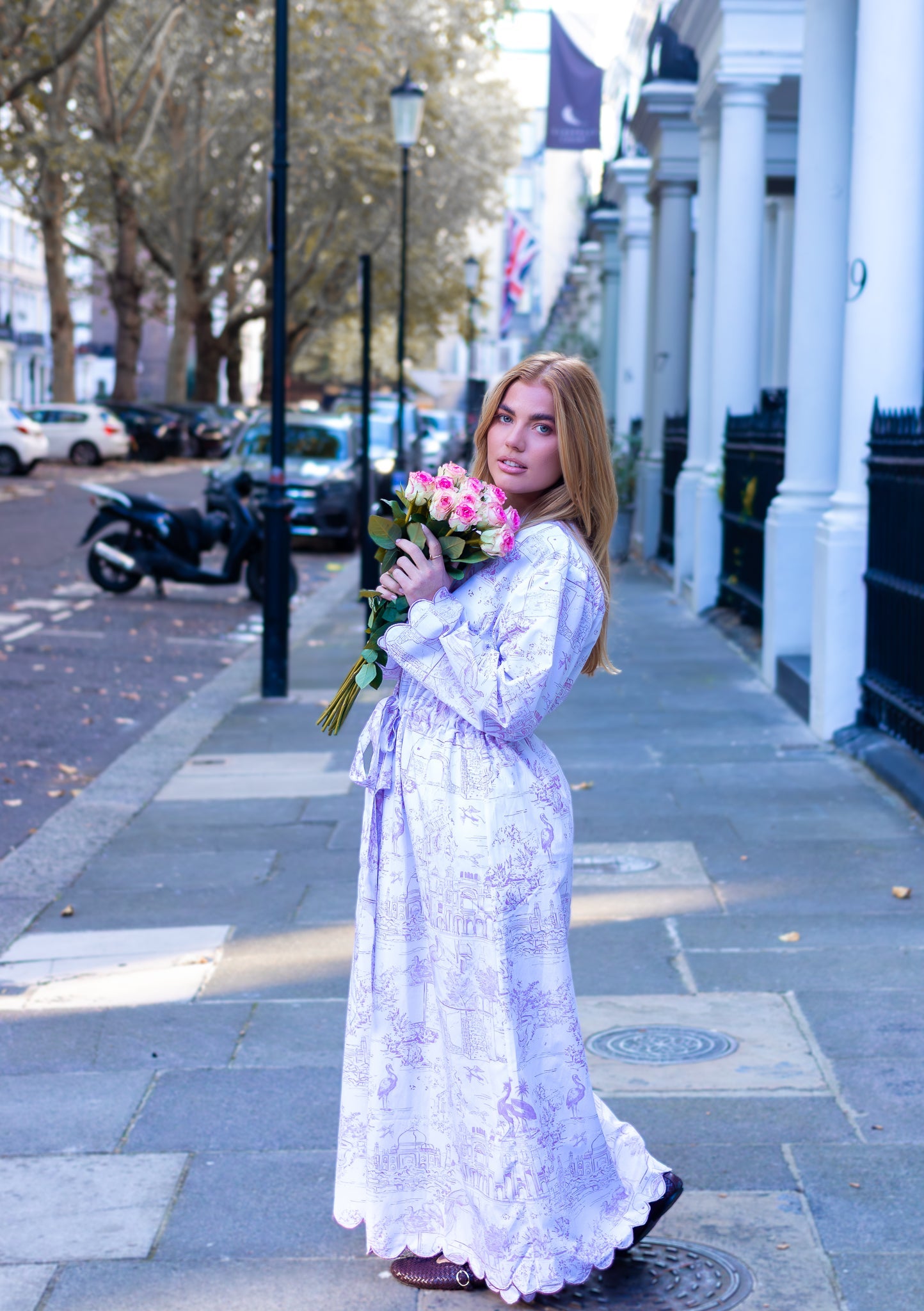 Exclusive Love Letters x Pink Jaipur Toile print on organic cotton robe with embroidered scallop edges
