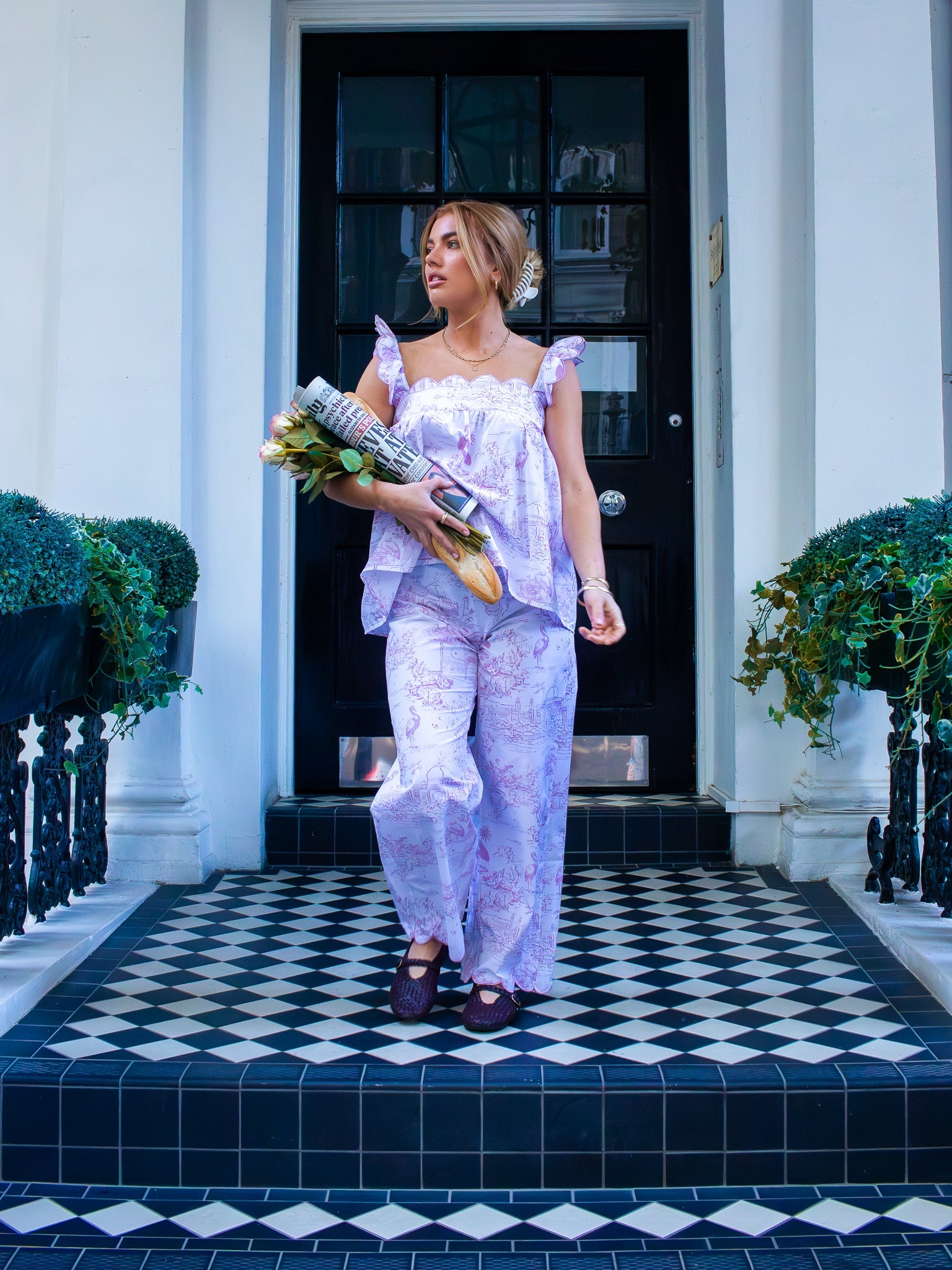 Pink Toile babydoll long pyjama set in organic cotton by Love Letters x