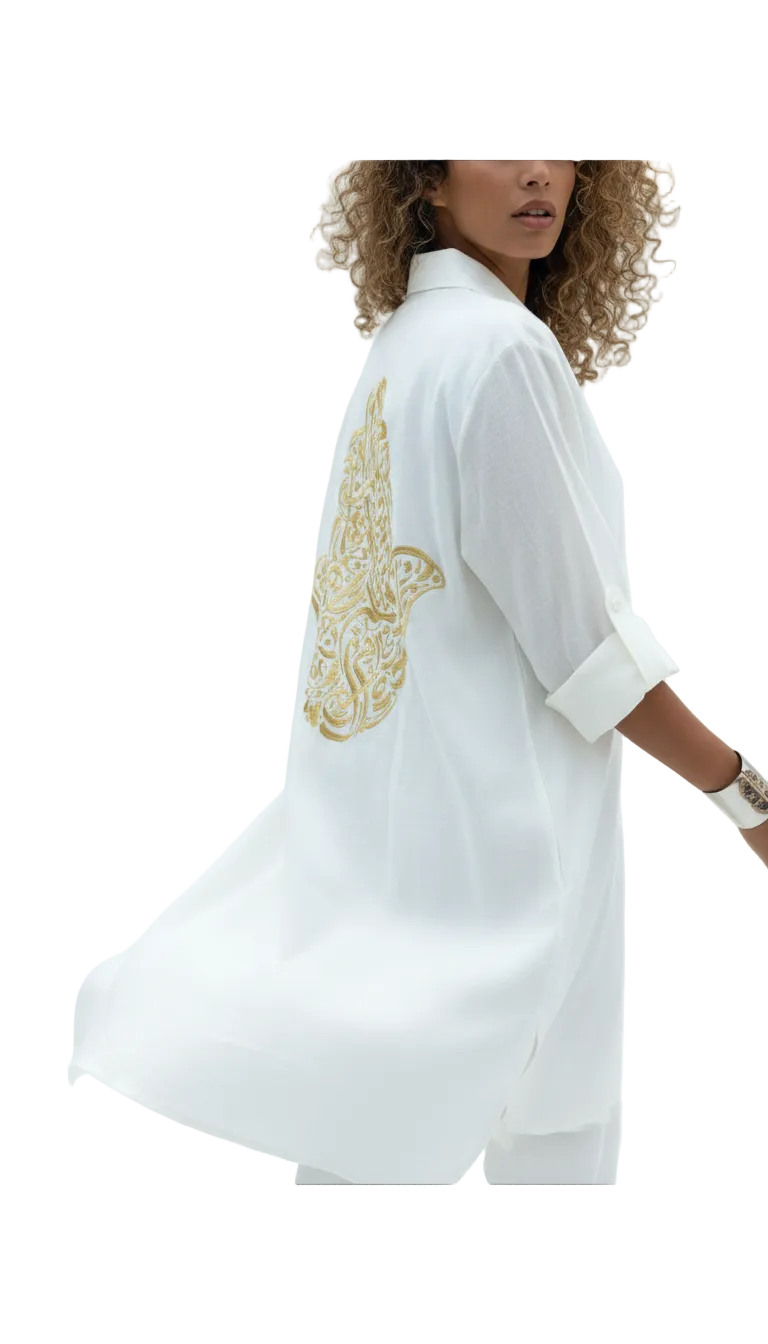 Bella White Linen Shirt Dress – Hamsa Embroidery