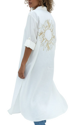 Bella White Linen Shirt Dress - Sun Embroidery