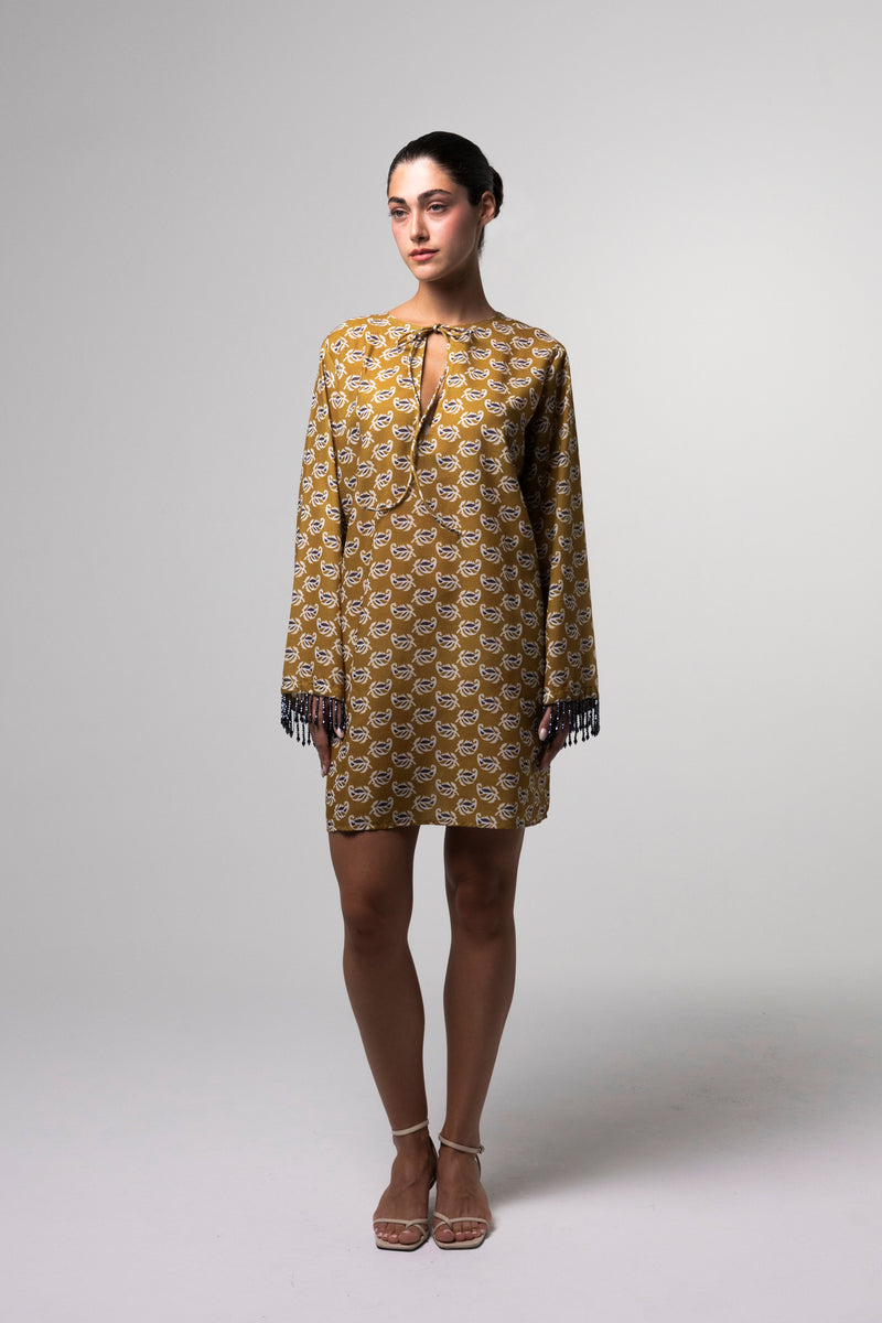 Printed Mini Kaftan in Mustard Yellow