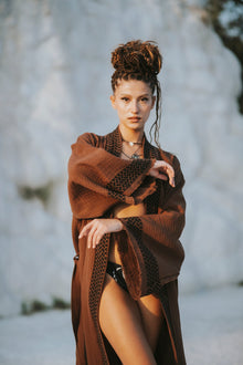 Model wearing the Petra Kimono by Zerla Studio