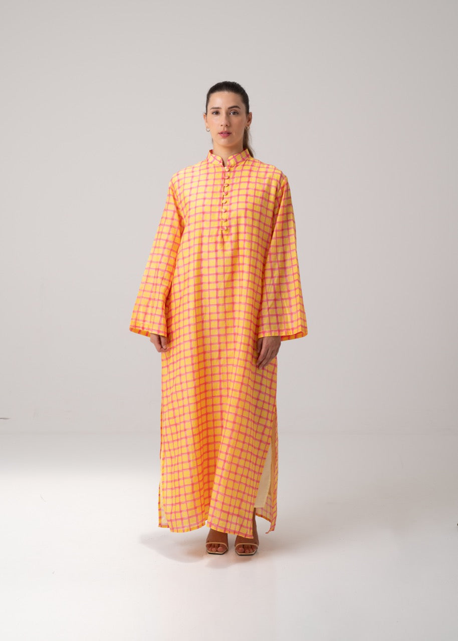 Model wearing the Long Printed Kaftan - Checkered by Maison Mar