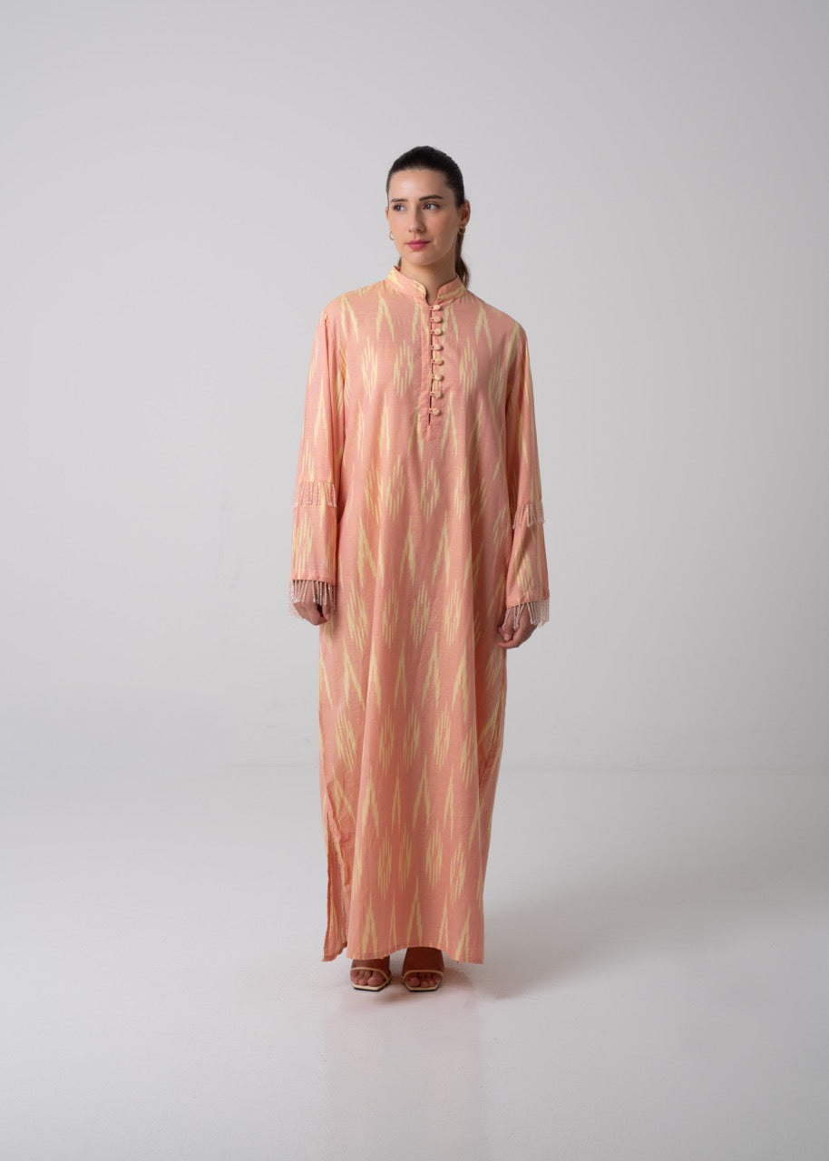 Long Printed Kaftan in Blush Peach and Yellow
