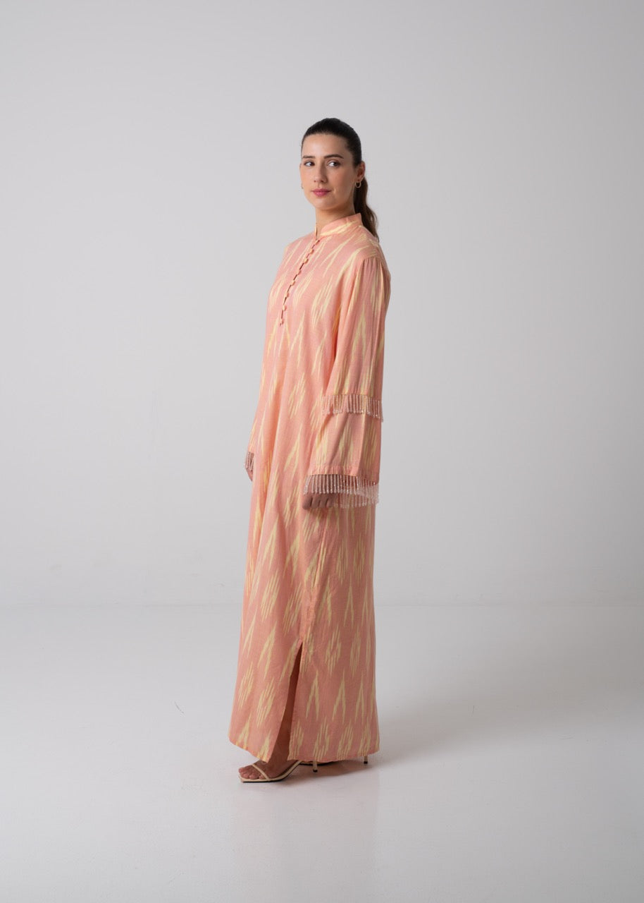 Long Printed Kaftan in Blush Peach and Yellow