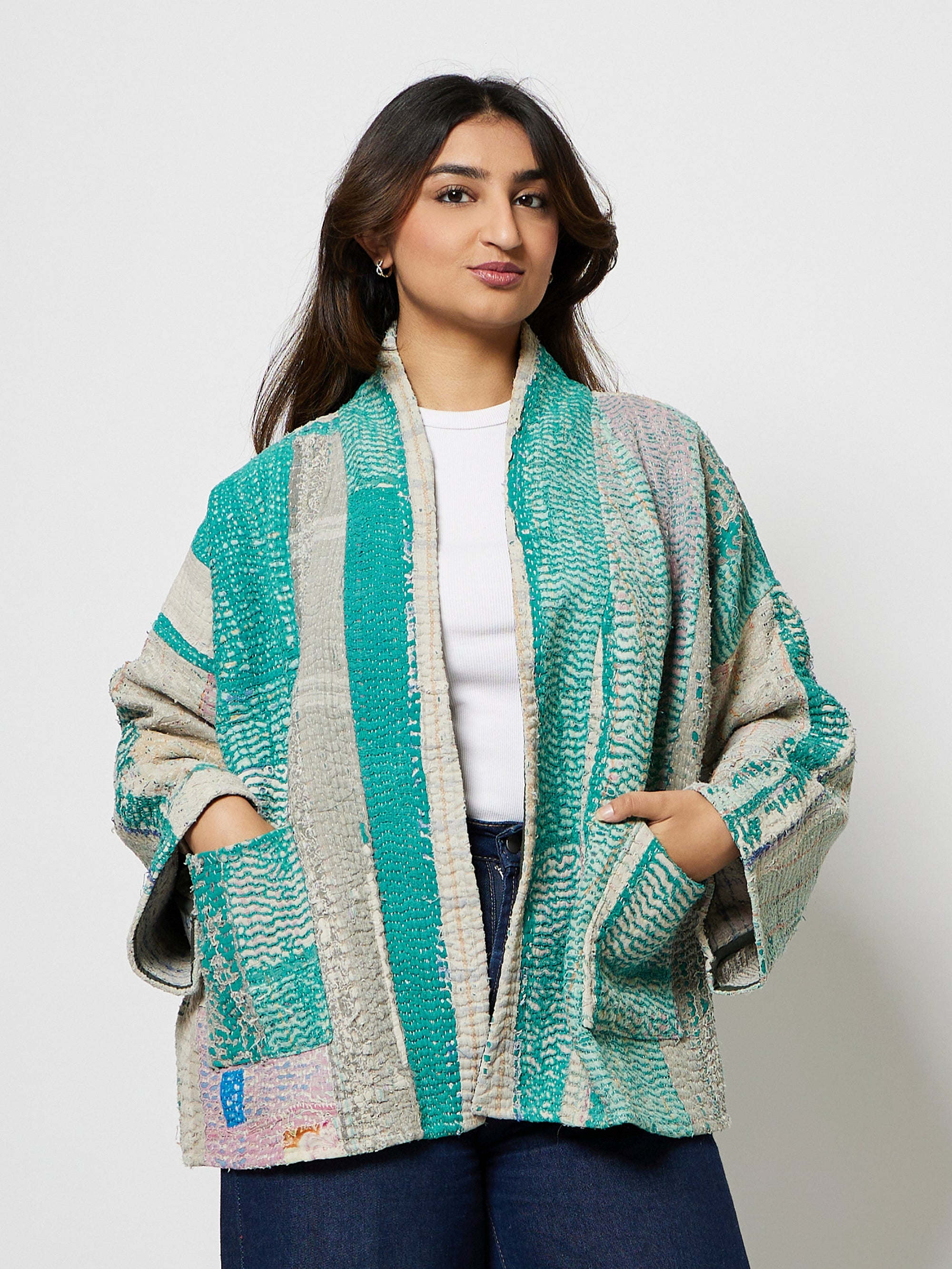 Model is wearing the Maison Kantha Jacket by Kyshmysh