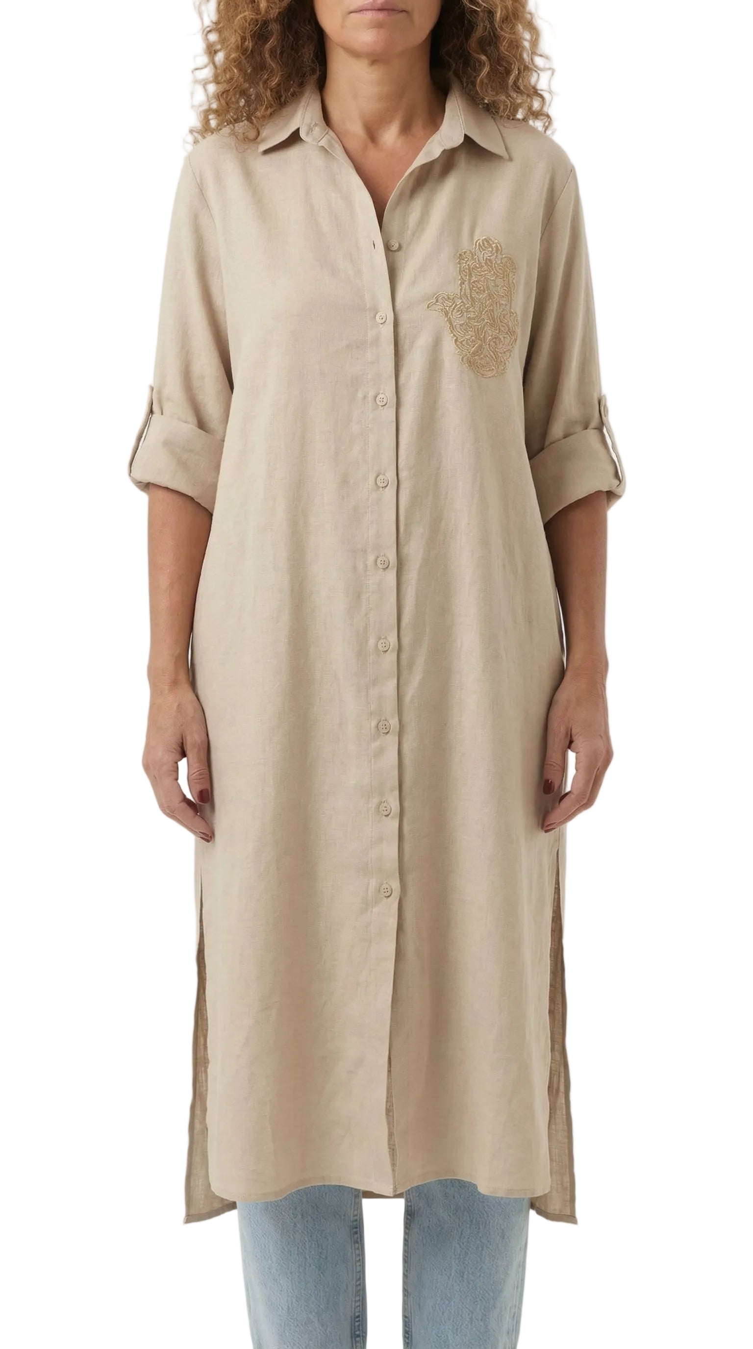 Bella Beige Linen Shirt Dress - Hamsa Embroidery