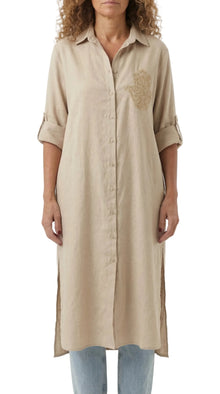 Bella Beige Linen Shirt Dress - Hamsa Embroidery