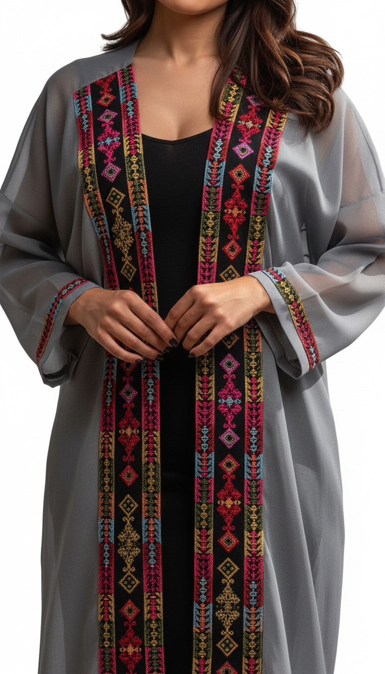 Najaf Whispers Grey Kaftan - Bedouin Embroidery