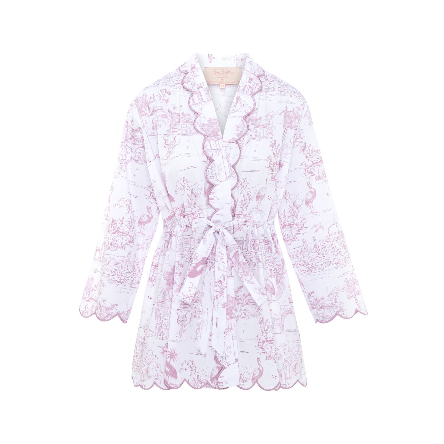 Scalloped embroidered trim on Pink Toile organic cotton robe