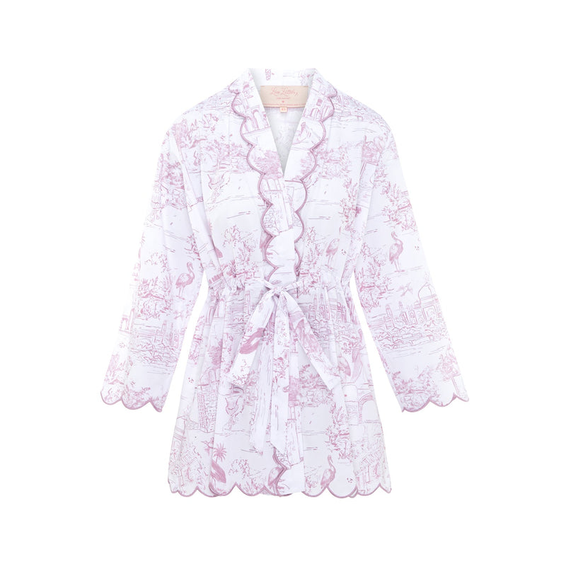 Scalloped embroidered trim on Pink Toile organic cotton robe