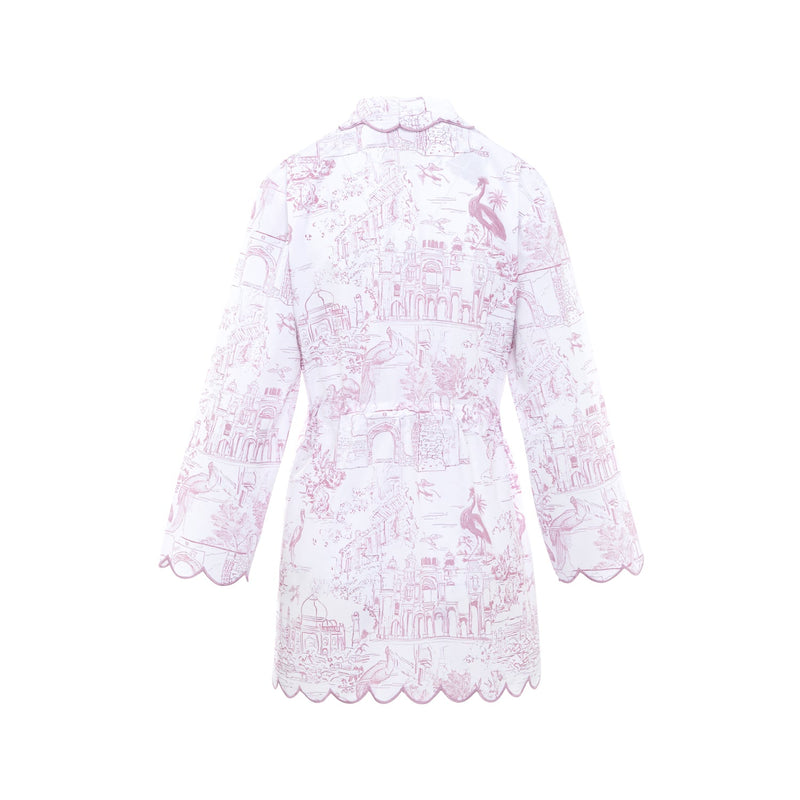 Back view of Pink Toile short robe in 100% organic cotton