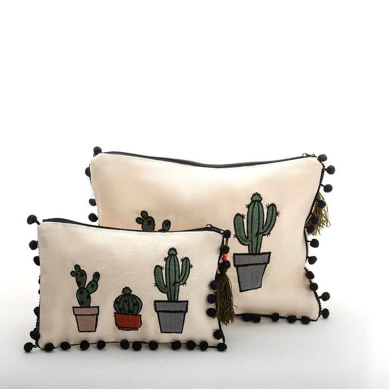 Viva Eco-friendly Canvas Pouch / Embroidered with the cactus design & waterproof on the inside