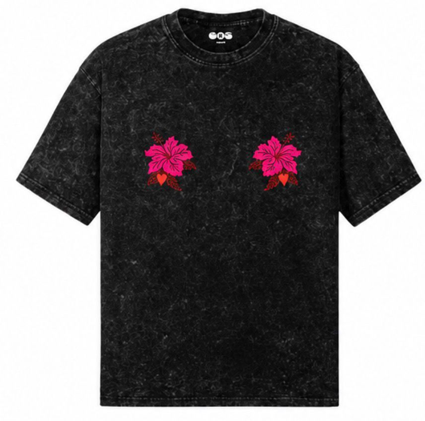 EOS Acid Washed Oversized Tee with Flower Motif - 