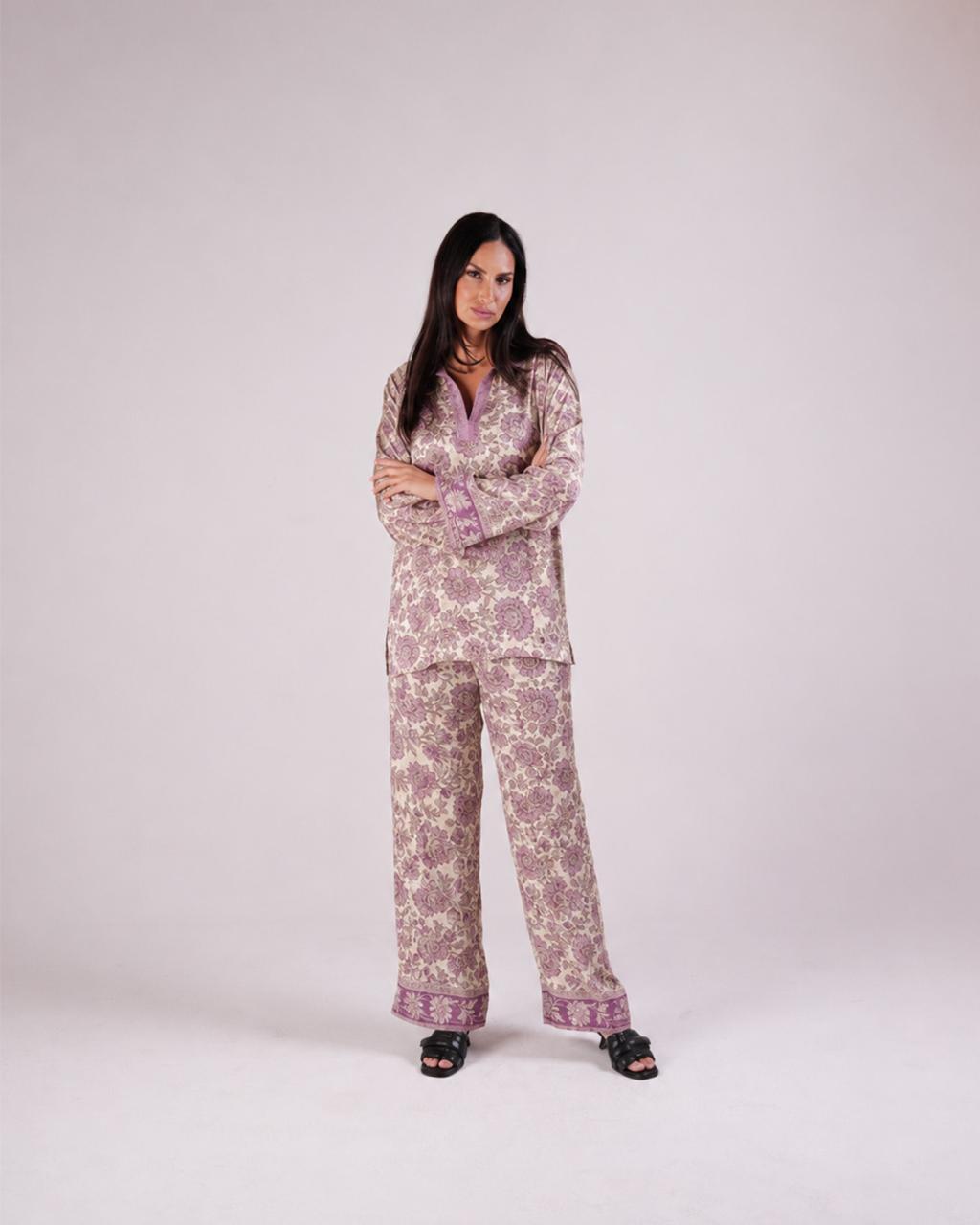 Full-length view of the Soleia light purple top and wide-leg trousers