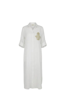 Bella White Linen Shirt Dress – Hamsa Embroidery