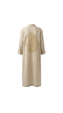 Bella Beige Linen Shirt Dress - Hamsa Embroidery