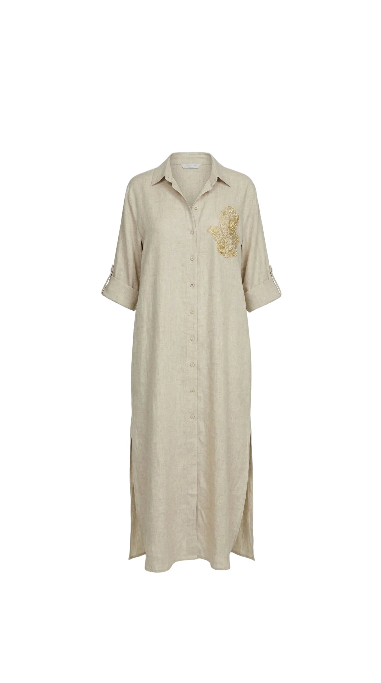 Bella Beige Linen Shirt Dress - Hamsa Embroidery