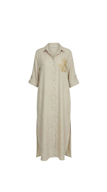 Bella Beige Linen Shirt Dress - Hamsa Embroidery