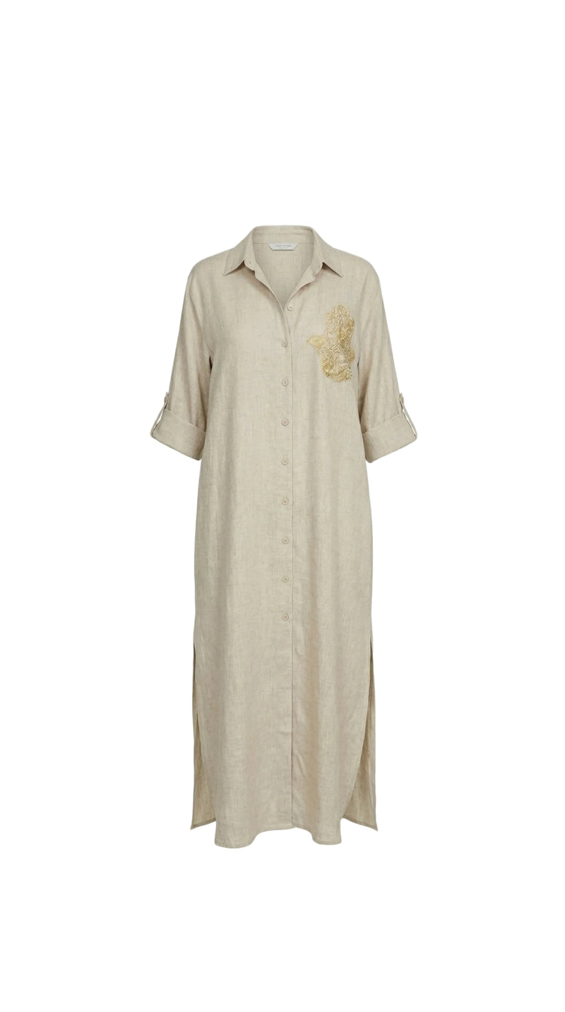 Bella Beige Linen Shirt Dress - Hamsa Embroidery