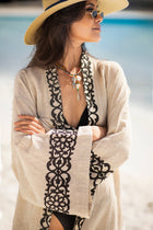 Close-up shot of model wearing the Gaia Kimono 