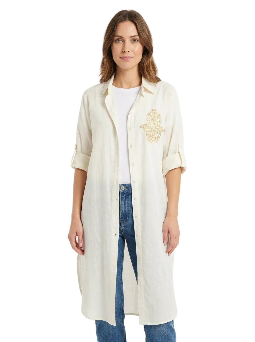 Bella White Linen Shirt Dress – Hamsa Embroidery
