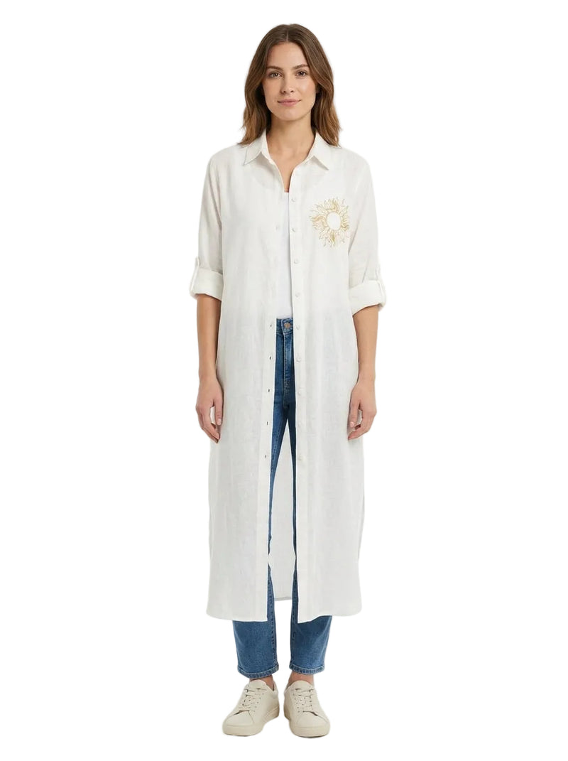 Bella White Linen Shirt Dress - Sun Embroidery