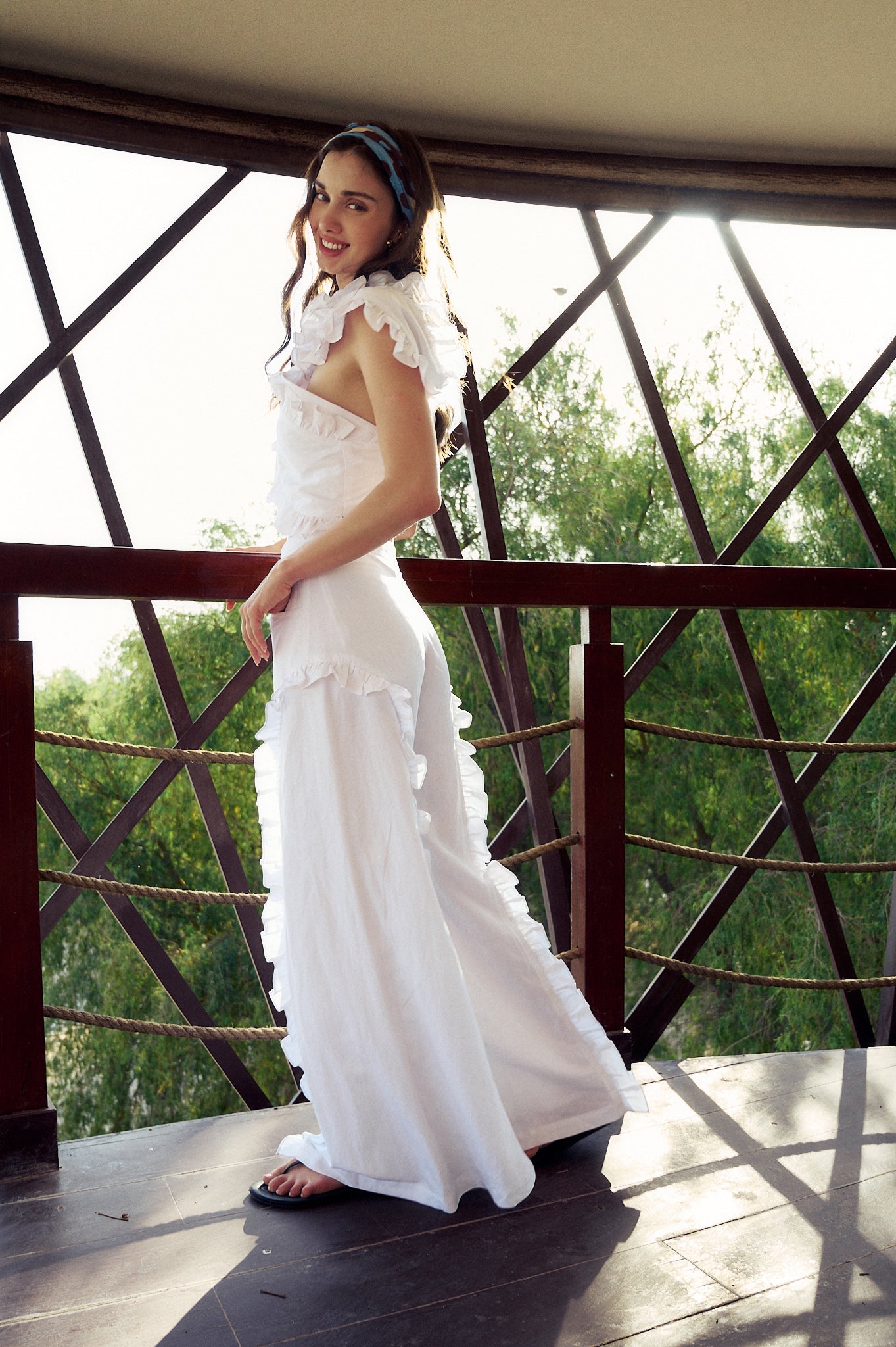 Model wearing the Hazar Azhari Cascading Ruffle Two Piece Set.