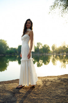 Side view of the Hazar Azhari Square Neck Ruffle Hem Maxi Dress.